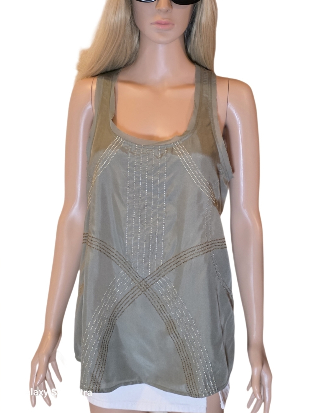 Silk Beaded Geometric Tank Top Sage Green Medium